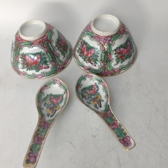 2 vintage rose Canton soup/rice bowls with spoons - Picture 5 of 8